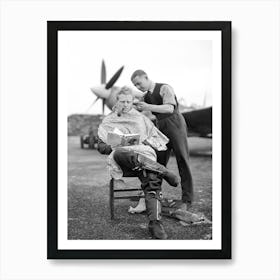 Spitfire Pilot Having His Hair Cut, Vintage Black and White Old Photo Art Print