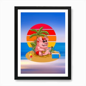 Colorful Pig Illustration Pig In Sunglasses On The Beach Under A Palm Tree Playing Music 2 Art Print