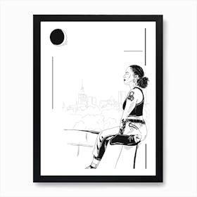 Girl Sitting Below The Moon Art Print