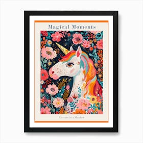 Unicorn In The Meadow Floral Portrait 1 Poster Art Print