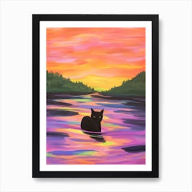 Cat In Colourful Lake Painting Art Print