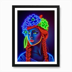 Neon Girl With Flowers Art Print