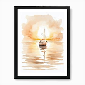 Watercolor Boat At Sunset Art Print