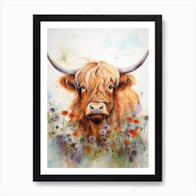 Highland Cow In Wildflower Field Watercolour 2 Art Print