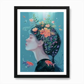 Girl With Flowers In Her Head 1 Art Print