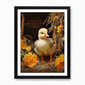 Duckling In Barn With Flowers & Hay 2 Art Print