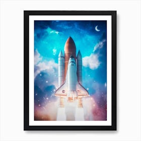 Rocket Launch Crescent Moon Art Print