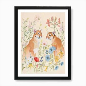 Folksy Floral Animal Drawing Cougar Art Print