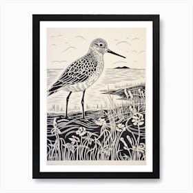 B&W Bird Linocut Dunlin 1 Art Print