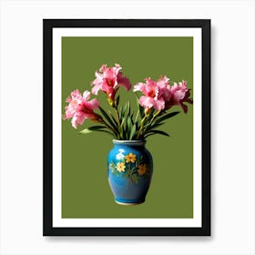 Pink Flowers In A Blue Vase Art Print