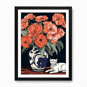 Drawing Of A Still Life Of Anemone With A Cat 3 Art Print