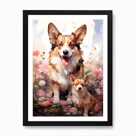 Corgi Mom & Pup Watercolor Painting Art Print