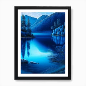 Blue Lake Landscapes Waterscape Crayon 1 Art Print