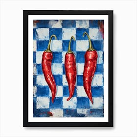 Red Chillis Blue Checkerboard 4 Art Print