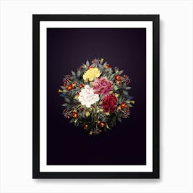 Vintage Carnation Flower Wreath on Royal Purple Art Print