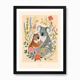 Folksy Floral Animal Drawing Koala 3 Poster Art Print