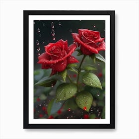 Red Roses At Rainy With Water Droplets Vertical Composition 64 Art Print