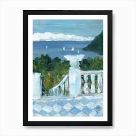 Sea View - hand painted vertical summer sea white blue bedroom living room mid century Art Print