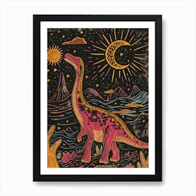 Orange & Mustard Neon Line Dinosaur Art Print