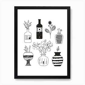 Flowers Collection Black And White Line Art Art Print