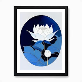 Lotus And Moon Symbol Blue And White Line Drawing Art Print