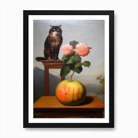 Painting Of A Still Life Of A Dahlia With A Cat, Realism 3 Art Print