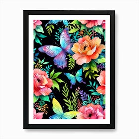 Watercolor Roses And Butterflies Art Print