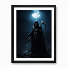 Grim Reapers Skull Emerges From An Abyss Of Bleak Darkness Clutching A Sword Dim Moonlight Castin (4) Art Print