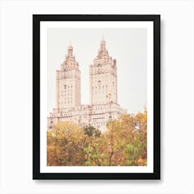 New York, USA I San Remo towers in Central Park in an autumnal nature of an urban cityscape with an aesthetic style like a romantic movie or TV series set decor, ideal for Christmas decoration Art Print