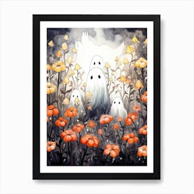 Cute Bedsheet Ghost, Botanical Halloween Watercolour 55 Art Print