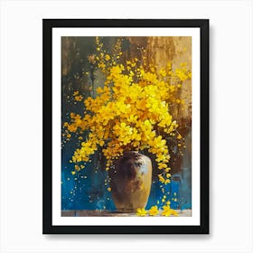 Yellow Flowers in a Vase on Blue Background Still Life Modern Oil Painting by John Arwen | Floral Wall Art for Gallery or Feature Art Print