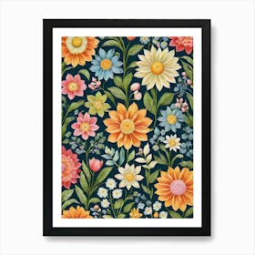 Painted Spring and Summer Flowers Boho Pattern - Navy Background Pink Yellow Blue Bohemian Wallpaper Art Like Amy Butler and William Morris Fabric Print For Lunar Pagan Gallery Feature Wall Floral Botanical Luna Lover HD Art Print