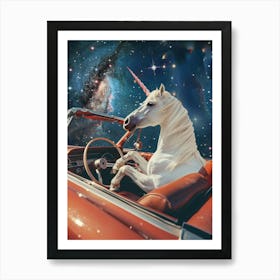 Unicorn Driving A Retro Car In Space 2 Art Print