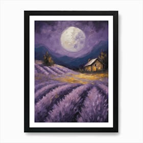 Full Moon Over The Lavender Fields - Dark Gloomy Beautiful Enchanting Feature Art Wall Decor - Flowers Art Print