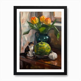 Flower Vase Lotus With A Cat 1 Impressionism, Cezanne Style Art Print
