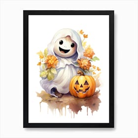 Cute Ghost With Pumpkins Halloween Watercolour 102 Art Print