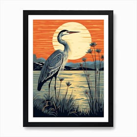 Vintage Bird Linocut Great Blue Heron 10 Art Print