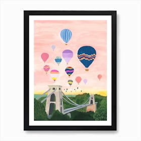 Hot Air Balloons Over Suspension Bridge Art Print