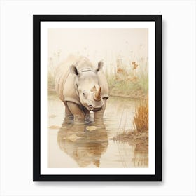 Vintage Illustration Of A Rhino In The Lake  2 Art Print