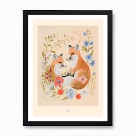 Folksy Floral Animal Drawing Fox 7 Poster Art Print