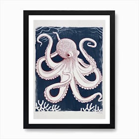Octopus Linocut Style With Aqua Marine Plants 7 Art Print