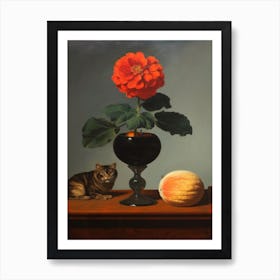 Painting Of A Still Life Of A Dahlia With A Cat, Realism 4 Art Print