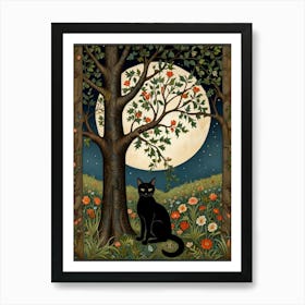 Black Cat Under A Tree Style William Morris Art Print