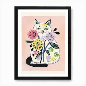Cute Kitty Cat With Flowers Illustration 1 Art Print