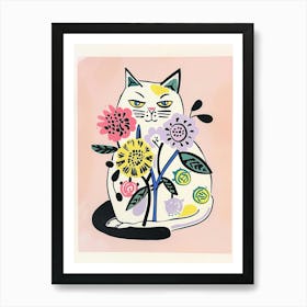 Cute Kitty Cat With Flowers Illustration 1 Póster