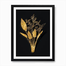 Vintage European Water Plantain Botanical in Gold on Black n.0202 Art Print