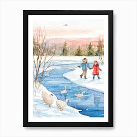 Watercolor Illustration Of A Serene Siberian Park In Winter Featuring A Tranquil Frozen Lake With A Art Print