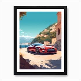 A Nissan Gt R In Amalfi Coast, Italy, Car Illustration 1 Art Print