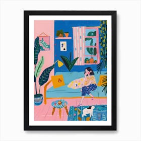 Girl In The Sofa With Pets Tv Lo Fi Kawaii Illustration 3 Art Print