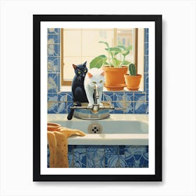 Black And White Cats In The Kitchen Sink, Mediterranean Style 0 Art Print